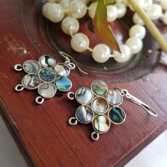 Abalone Shell Dangle Earrings Floral Shaped 925 Silver 1" - Picture 3 of 9